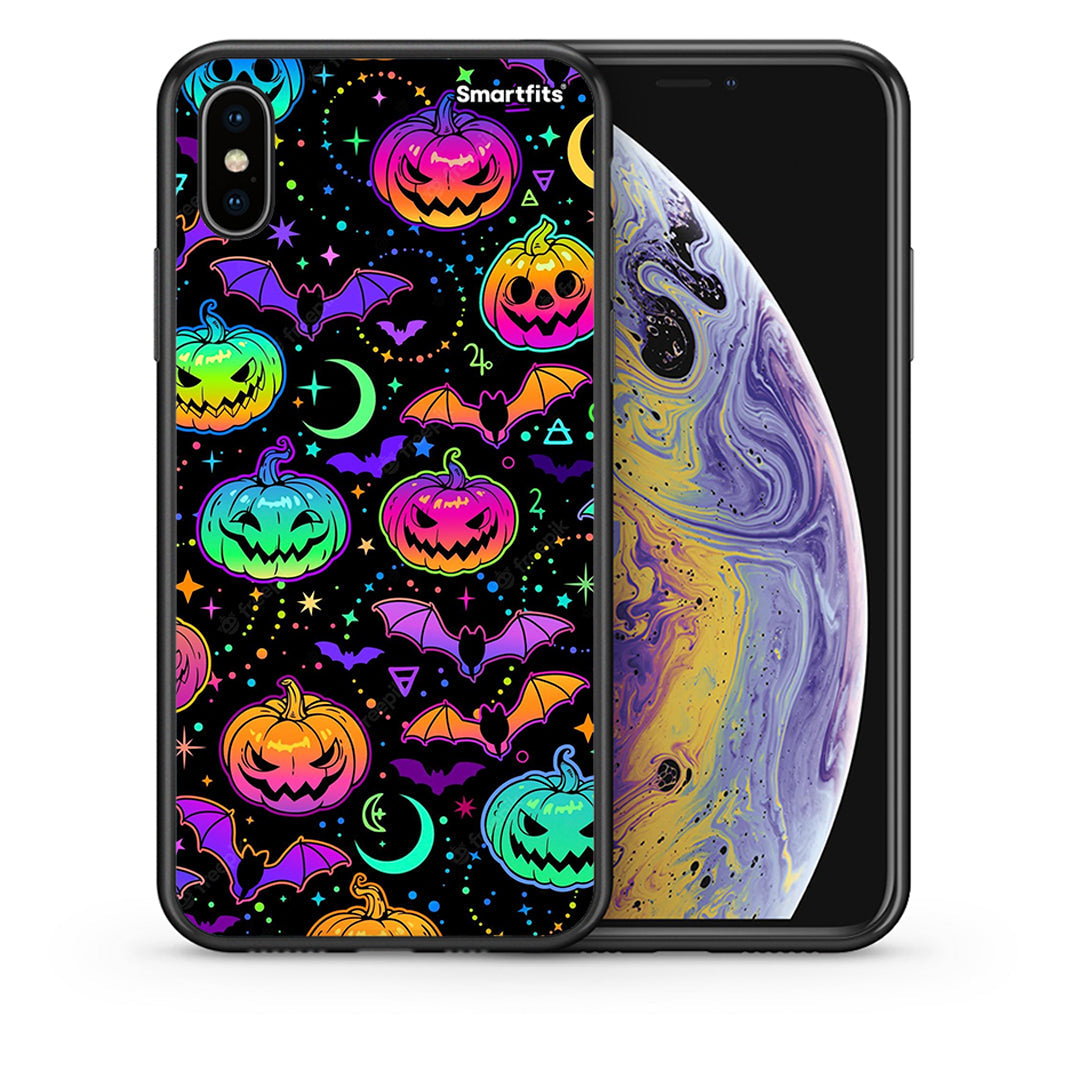 Θήκη iPhone X/Xs Neon Halloween από τη Smartfits με σχέδιο στο πίσω μέρος και μαύρο περίβλημα | iPhone X/Xs Neon Halloween case with colorful back and black bezels