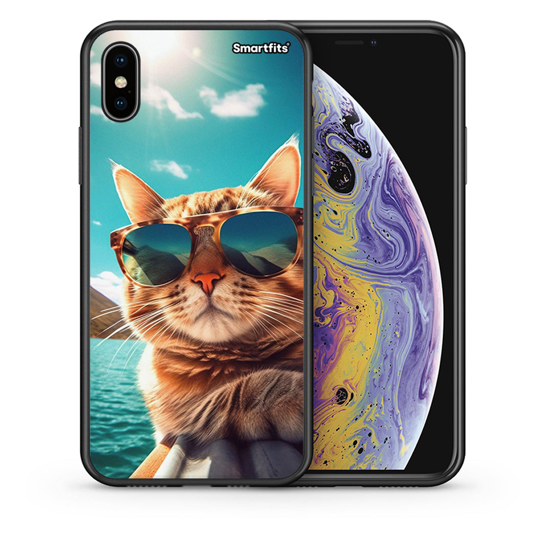 Θήκη iPhone Xs Max Summer Cat από τη Smartfits με σχέδιο στο πίσω μέρος και μαύρο περίβλημα | iPhone Xs Max Summer Cat case with colorful back and black bezels