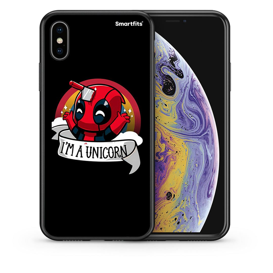 Θήκη iPhone X/Xs Unicorn Deadpool από τη Smartfits με σχέδιο στο πίσω μέρος και μαύρο περίβλημα | iPhone X/Xs Unicorn Deadpool case with colorful back and black bezels