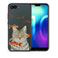 Thumbnail for Θήκη Honor 10 Cat Goldfish από τη Smartfits με σχέδιο στο πίσω μέρος και μαύρο περίβλημα | Honor 10 Cat Goldfish case with colorful back and black bezels