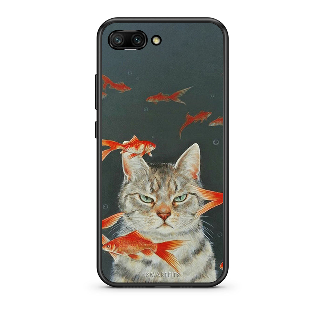 Honor 10 Cat Goldfish θήκη από τη Smartfits με σχέδιο στο πίσω μέρος και μαύρο περίβλημα | Smartphone case with colorful back and black bezels by Smartfits