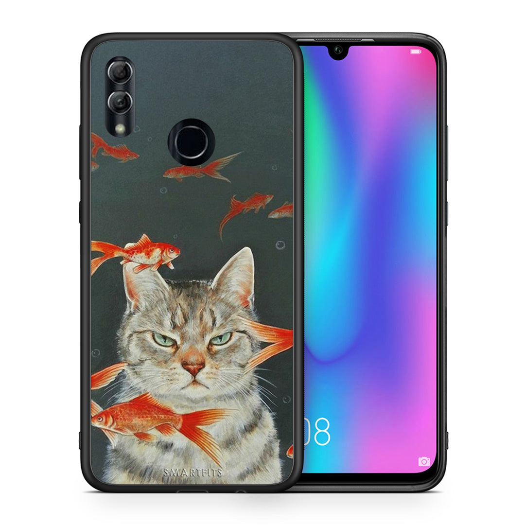 Θήκη Honor 10 Lite Cat Goldfish από τη Smartfits με σχέδιο στο πίσω μέρος και μαύρο περίβλημα | Honor 10 Lite Cat Goldfish case with colorful back and black bezels