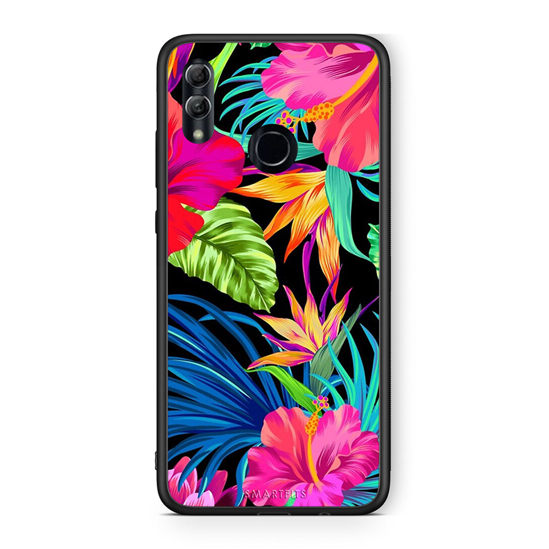 Honor 8x Tropical Flowers θήκη από τη Smartfits με σχέδιο στο πίσω μέρος και μαύρο περίβλημα | Smartphone case with colorful back and black bezels by Smartfits