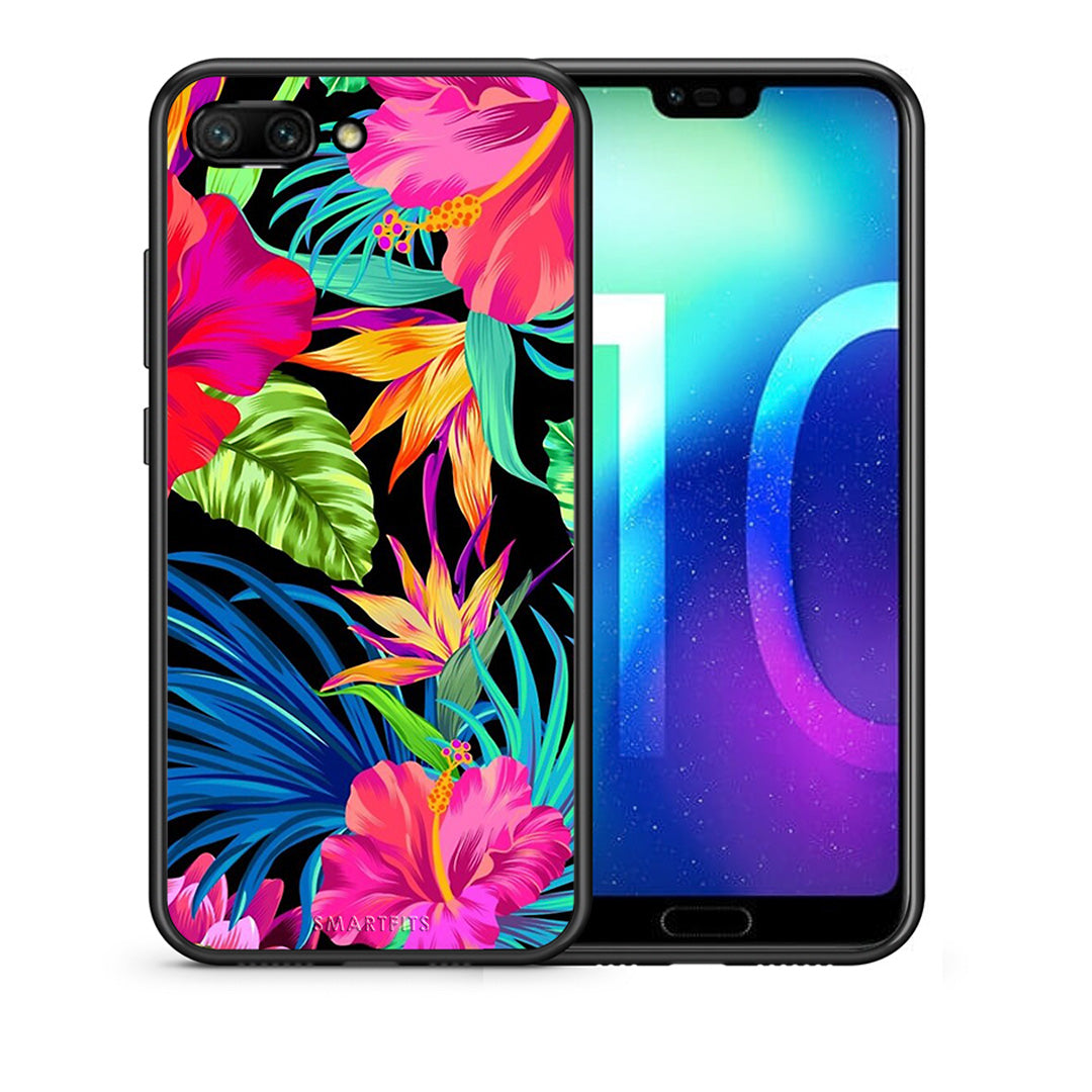 Θήκη Honor 10 Tropical Flowers από τη Smartfits με σχέδιο στο πίσω μέρος και μαύρο περίβλημα | Honor 10 Tropical Flowers case with colorful back and black bezels