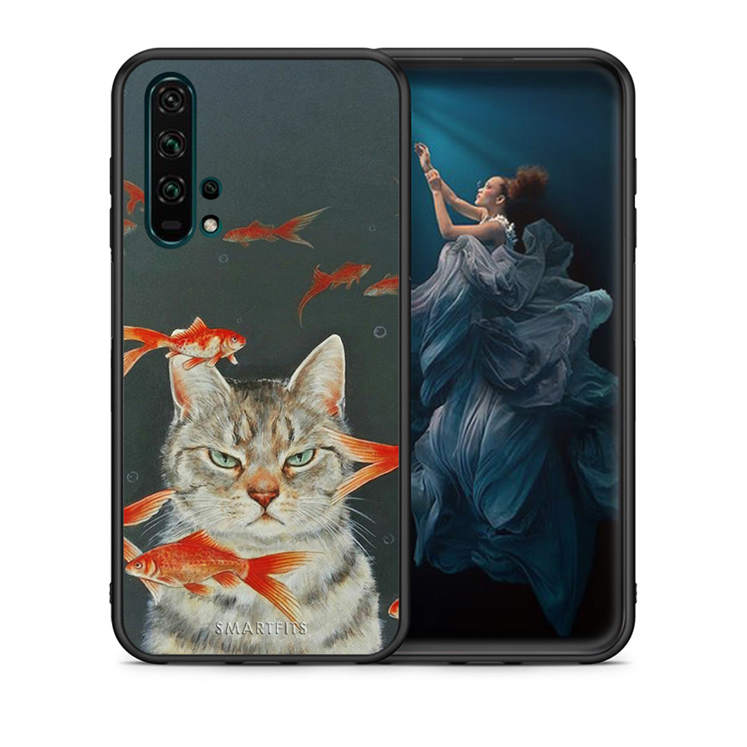 Θήκη Honor 20 Pro Cat Goldfish από τη Smartfits με σχέδιο στο πίσω μέρος και μαύρο περίβλημα | Honor 20 Pro Cat Goldfish case with colorful back and black bezels