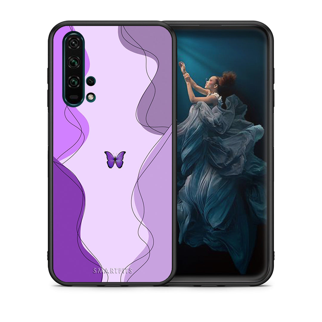 Θήκη Αγίου Βαλεντίνου Honor 20 Pro Purple Mariposa από τη Smartfits με σχέδιο στο πίσω μέρος και μαύρο περίβλημα | Honor 20 Pro Purple Mariposa case with colorful back and black bezels