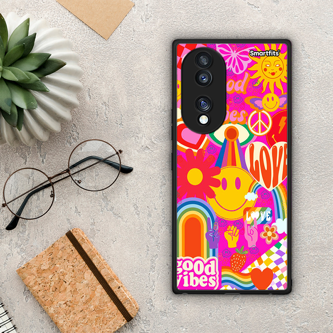 Θήκη Honor 70 5G Hippie Love από τη Smartfits με σχέδιο στο πίσω μέρος και μαύρο περίβλημα | Honor 70 5G Hippie Love Case with Colorful Back and Black Bezels