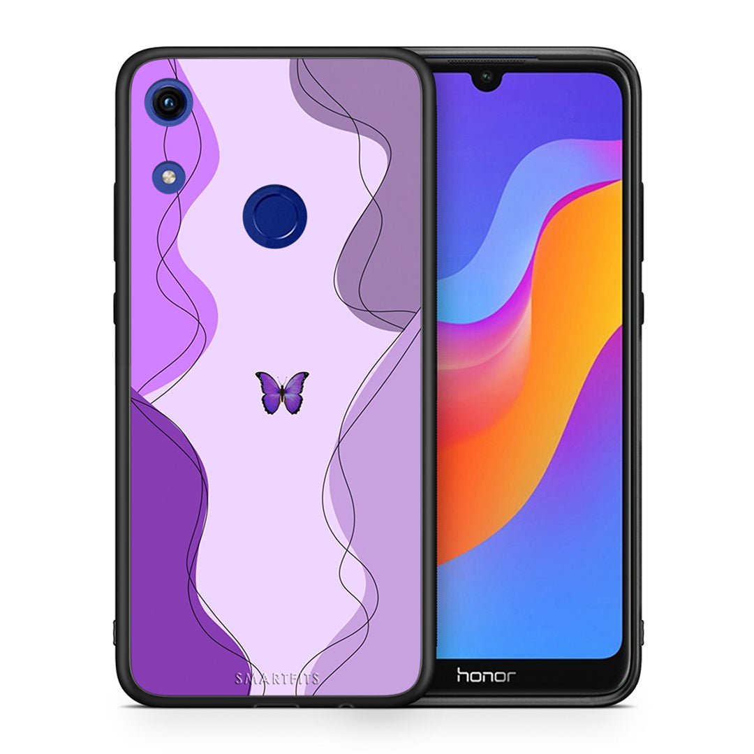 Θήκη Αγίου Βαλεντίνου Honor 8A Purple Mariposa από τη Smartfits με σχέδιο στο πίσω μέρος και μαύρο περίβλημα | Honor 8A Purple Mariposa case with colorful back and black bezels