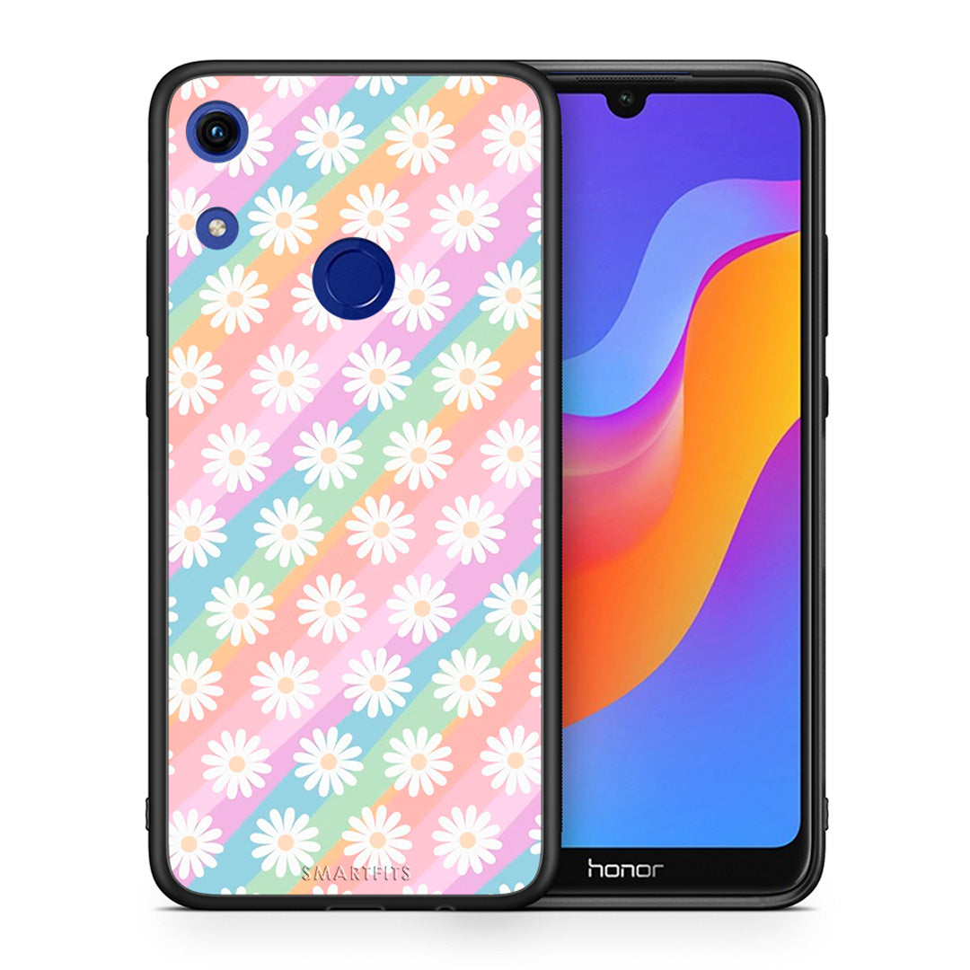 Θήκη Honor 8A White Daisies από τη Smartfits με σχέδιο στο πίσω μέρος και μαύρο περίβλημα | Honor 8A White Daisies case with colorful back and black bezels