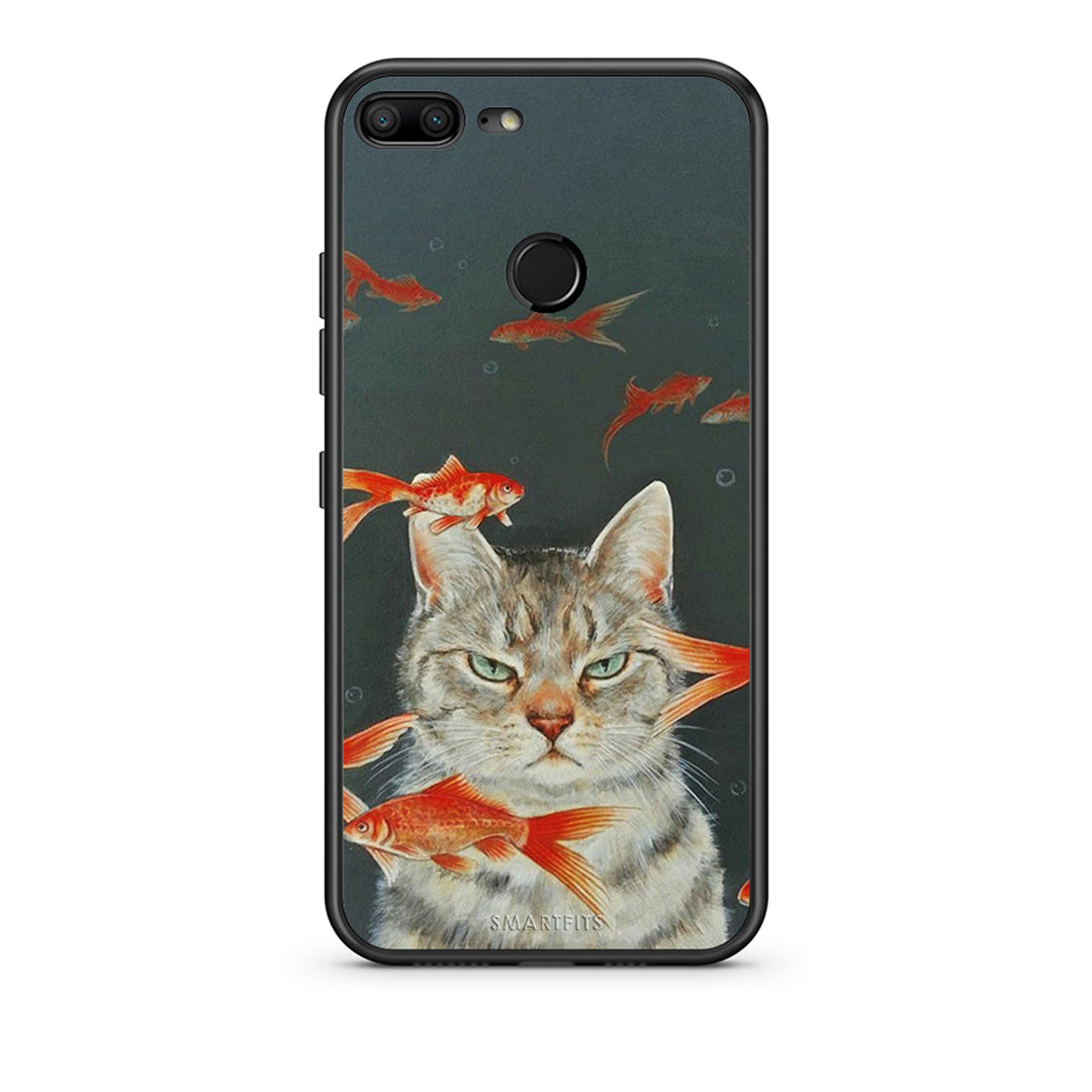 Honor 9 Lite Cat Goldfish θήκη από τη Smartfits με σχέδιο στο πίσω μέρος και μαύρο περίβλημα | Smartphone case with colorful back and black bezels by Smartfits