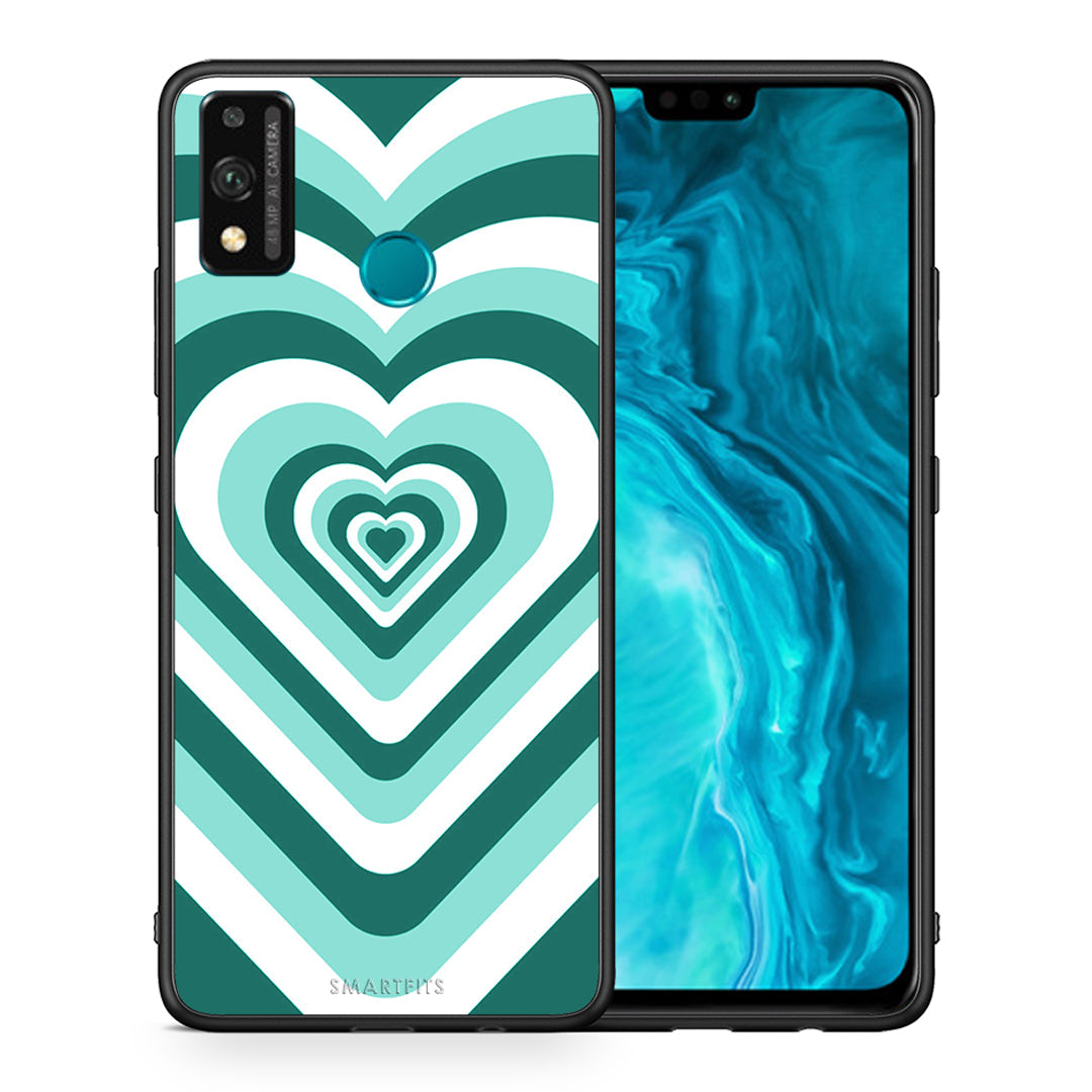 Θήκη Honor 9X Lite Green Hearts από τη Smartfits με σχέδιο στο πίσω μέρος και μαύρο περίβλημα | Honor 9X Lite Green Hearts case with colorful back and black bezels