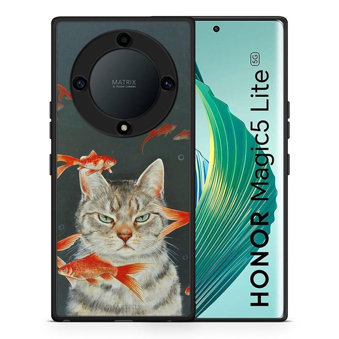 Θήκη Honor Magic5 Lite 5G / X9a Cat Goldfish από τη Smartfits με σχέδιο στο πίσω μέρος και μαύρο περίβλημα | Honor Magic5 Lite 5G / X9a Cat Goldfish Case with Colorful Back and Black Bezels