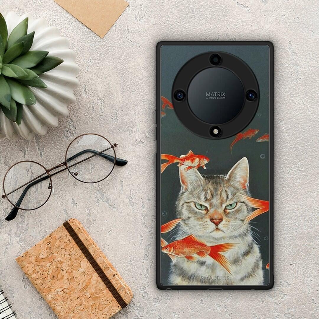 Θήκη Honor Magic5 Lite 5G / X9a Cat Goldfish από τη Smartfits με σχέδιο στο πίσω μέρος και μαύρο περίβλημα | Honor Magic5 Lite 5G / X9a Cat Goldfish Case with Colorful Back and Black Bezels