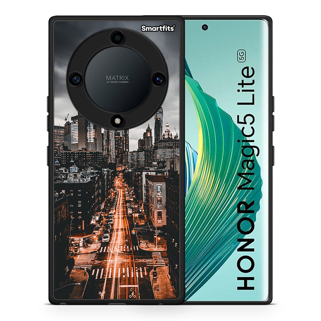 Θήκη Honor Magic5 Lite 5G / X9a City Lights από τη Smartfits με σχέδιο στο πίσω μέρος και μαύρο περίβλημα | Honor Magic5 Lite 5G / X9a City Lights Case with Colorful Back and Black Bezels