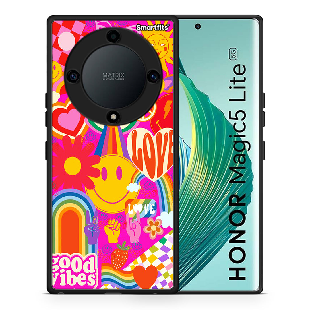 Θήκη Honor Magic5 Lite 5G / X40 / X9a Hippie Love από τη Smartfits με σχέδιο στο πίσω μέρος και μαύρο περίβλημα | Honor Magic5 Lite 5G / X40 / X9a Hippie Love Case with Colorful Back and Black Bezels