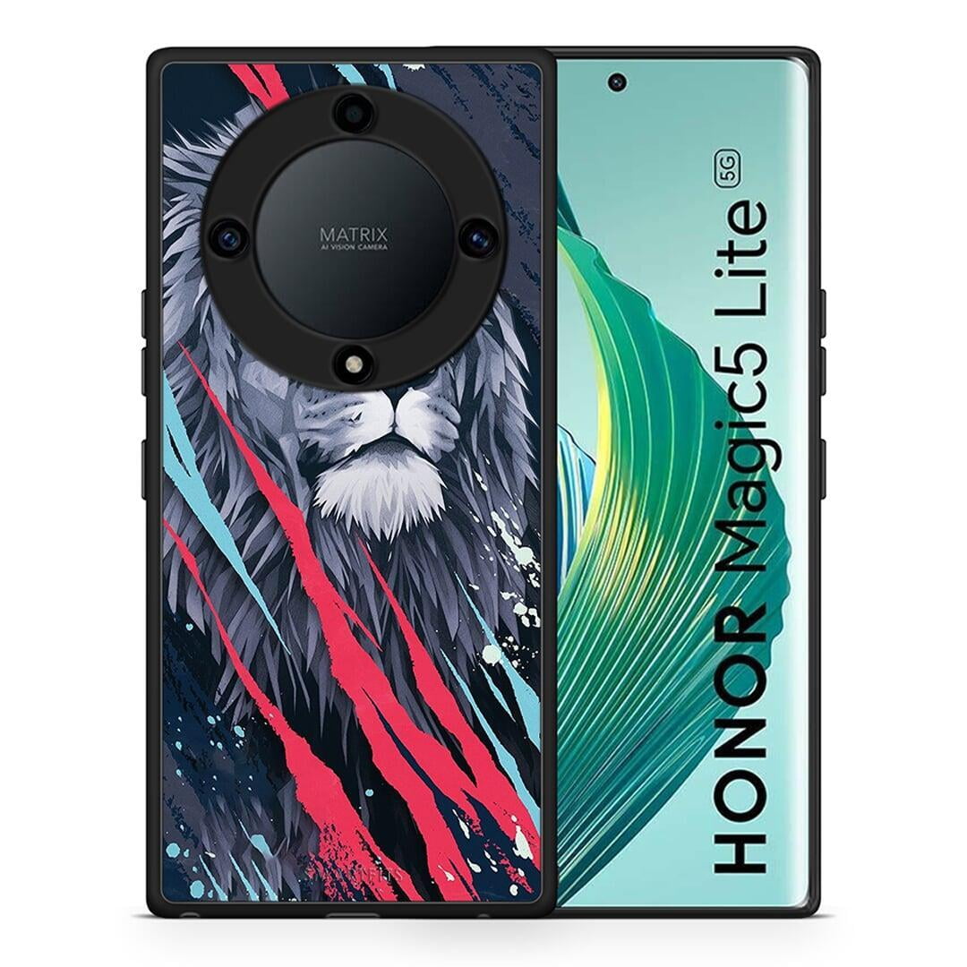 Θήκη Honor Magic5 Lite 5G / X9a PopArt Lion Designer από τη Smartfits με σχέδιο στο πίσω μέρος και μαύρο περίβλημα | Honor Magic5 Lite 5G / X9a PopArt Lion Designer Case with Colorful Back and Black Bezels