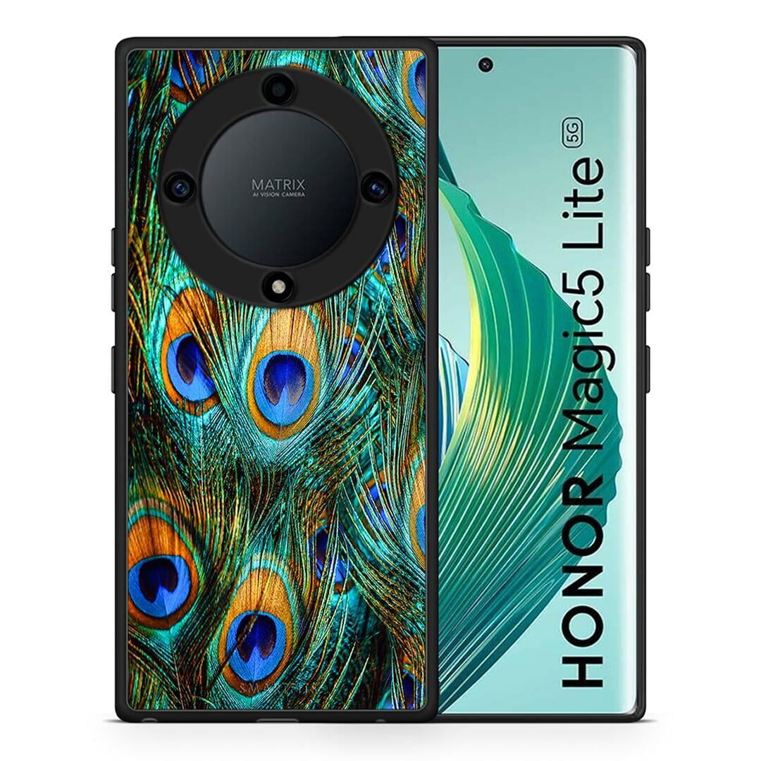 Θήκη Honor Magic5 Lite 5G / X9a Real Peacock Feathers από τη Smartfits με σχέδιο στο πίσω μέρος και μαύρο περίβλημα | Honor Magic5 Lite 5G / X9a Real Peacock Feathers Case with Colorful Back and Black Bezels