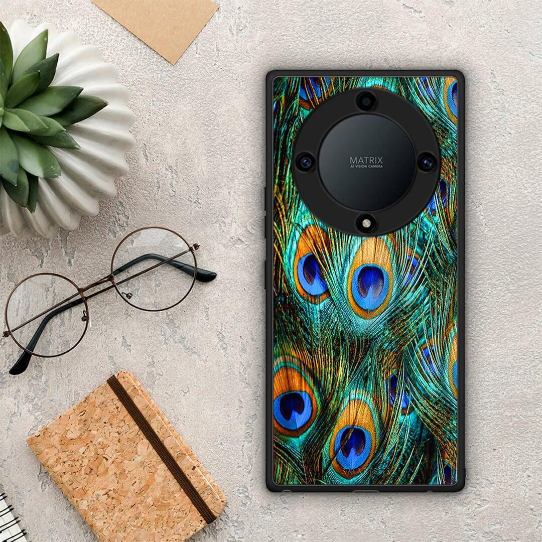 Θήκη Honor Magic5 Lite 5G / X9a Real Peacock Feathers από τη Smartfits με σχέδιο στο πίσω μέρος και μαύρο περίβλημα | Honor Magic5 Lite 5G / X9a Real Peacock Feathers Case with Colorful Back and Black Bezels