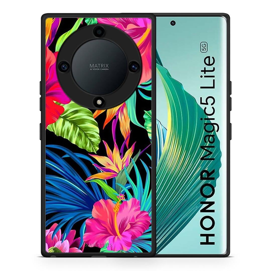 Θήκη Honor Magic5 Lite 5G / X40 / X9a Tropical Flowers από τη Smartfits με σχέδιο στο πίσω μέρος και μαύρο περίβλημα | Honor Magic5 Lite 5G / X40 / X9a Tropical Flowers Case with Colorful Back and Black Bezels