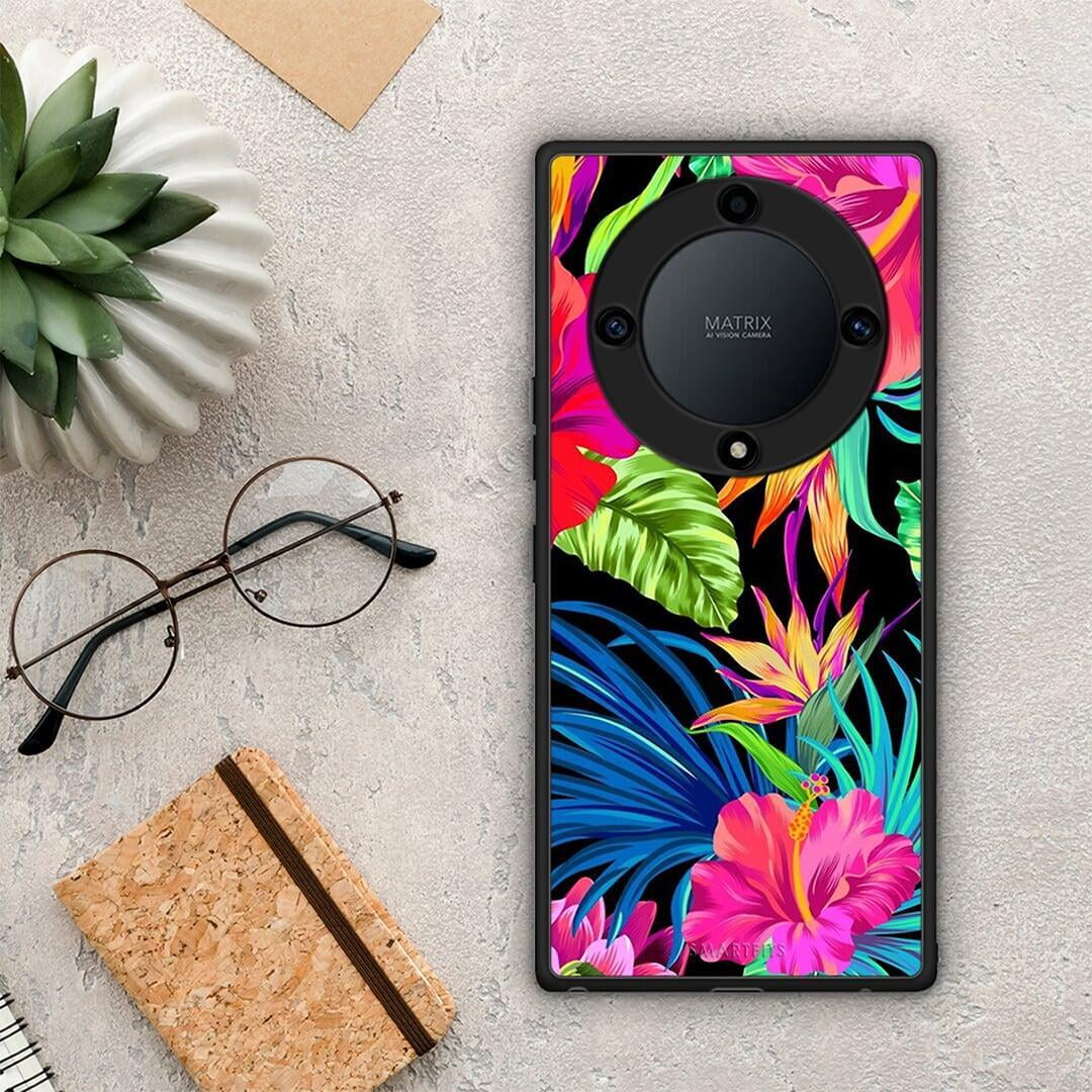 Θήκη Honor Magic5 Lite 5G / X40 / X9a Tropical Flowers από τη Smartfits με σχέδιο στο πίσω μέρος και μαύρο περίβλημα | Honor Magic5 Lite 5G / X40 / X9a Tropical Flowers Case with Colorful Back and Black Bezels