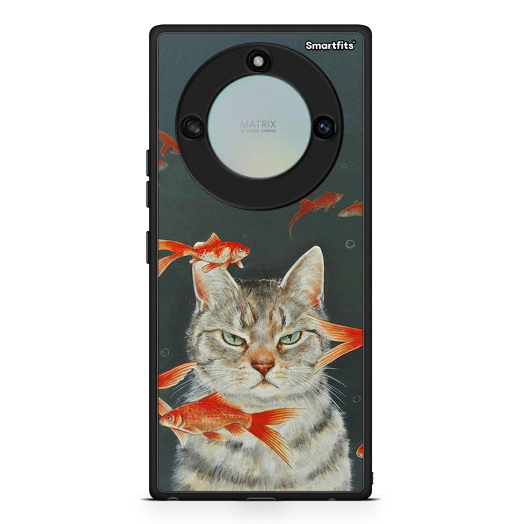 Honor X40 Cat Goldfish θήκη από τη Smartfits με σχέδιο στο πίσω μέρος και μαύρο περίβλημα | Smartphone case with colorful back and black bezels by Smartfits