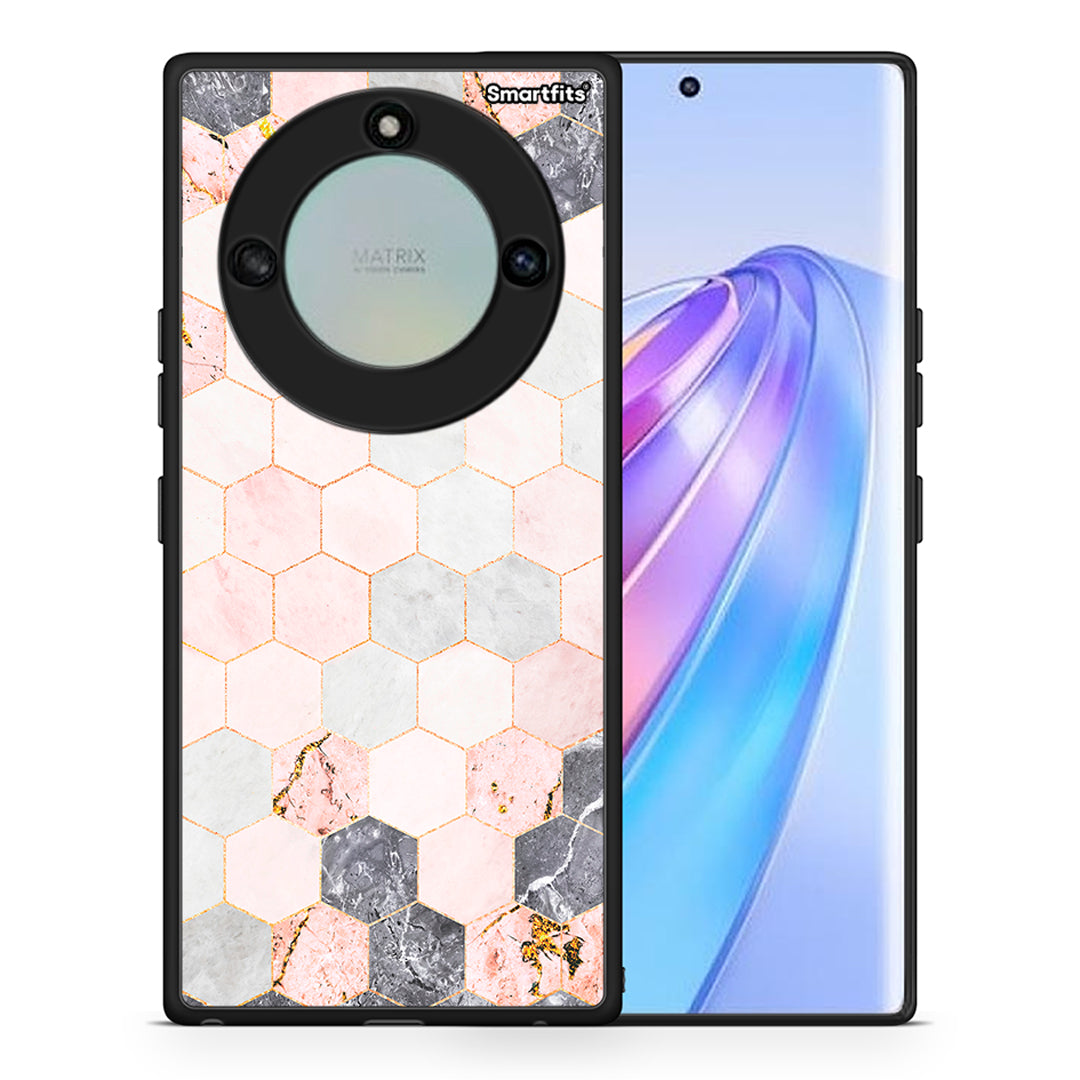 Θήκη Honor X40 Hexagon Pink Marble από τη Smartfits με σχέδιο στο πίσω μέρος και μαύρο περίβλημα | Honor X40 Hexagon Pink Marble case with colorful back and black bezels