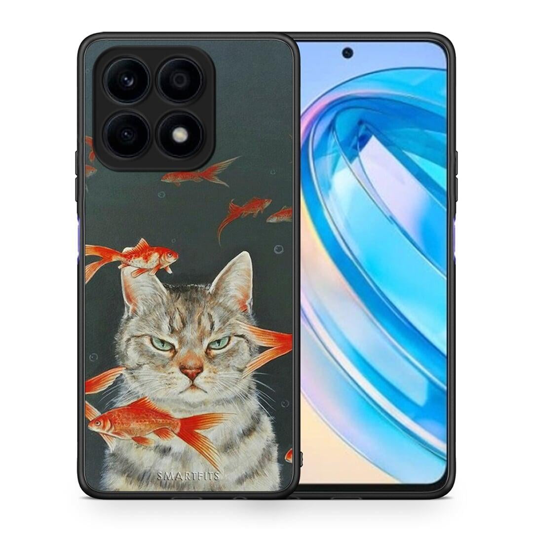 Θήκη Honor X8a Cat Goldfish από τη Smartfits με σχέδιο στο πίσω μέρος και μαύρο περίβλημα | Honor X8a Cat Goldfish Case with Colorful Back and Black Bezels