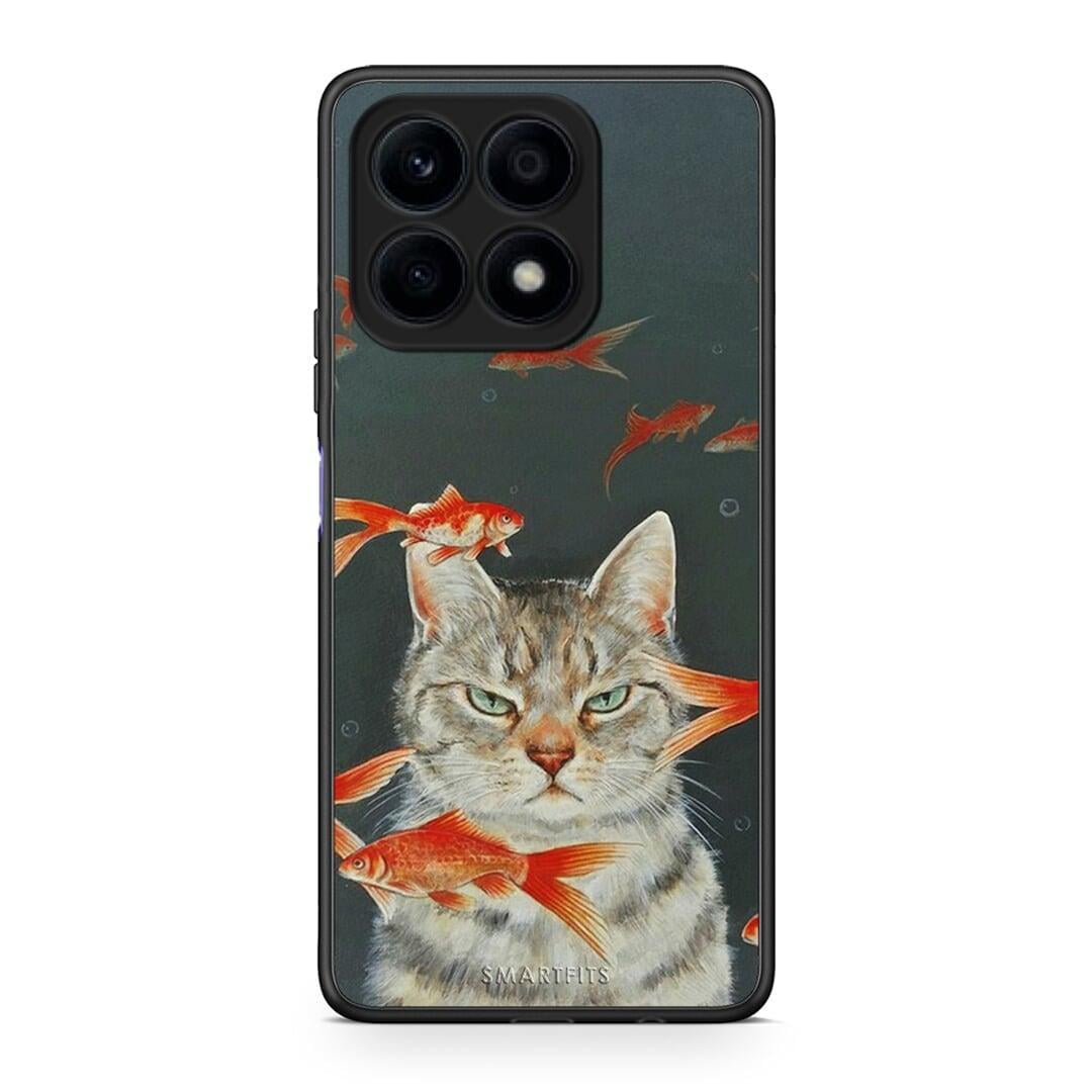 Θήκη Honor X8a Cat Goldfish από τη Smartfits με σχέδιο στο πίσω μέρος και μαύρο περίβλημα | Honor X8a Cat Goldfish Case with Colorful Back and Black Bezels