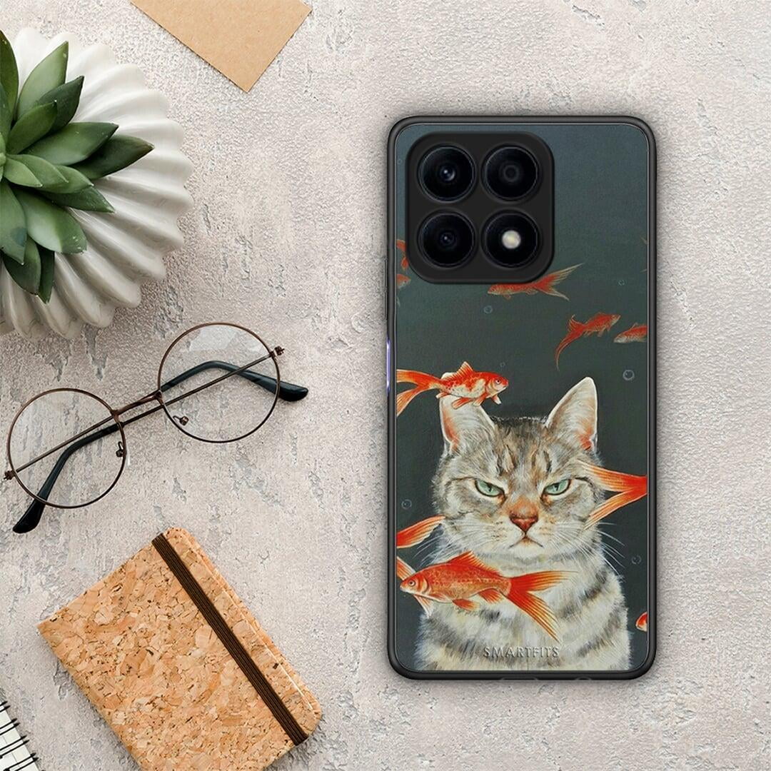 Θήκη Honor X8a Cat Goldfish από τη Smartfits με σχέδιο στο πίσω μέρος και μαύρο περίβλημα | Honor X8a Cat Goldfish Case with Colorful Back and Black Bezels