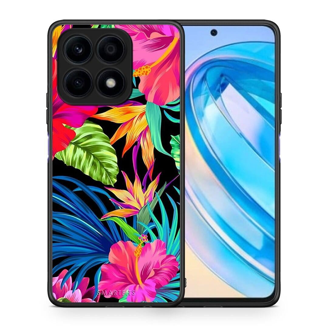 Θήκη Honor X8a Tropical Flowers από τη Smartfits με σχέδιο στο πίσω μέρος και μαύρο περίβλημα | Honor X8a Tropical Flowers Case with Colorful Back and Black Bezels