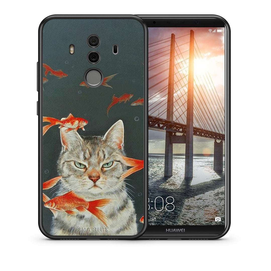 Θήκη Huawei Mate 10 Pro Cat Goldfish από τη Smartfits με σχέδιο στο πίσω μέρος και μαύρο περίβλημα | Huawei Mate 10 Pro Cat Goldfish case with colorful back and black bezels