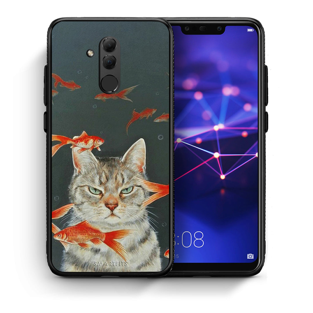 Θήκη Huawei Mate 20 Lite Cat Goldfish από τη Smartfits με σχέδιο στο πίσω μέρος και μαύρο περίβλημα | Huawei Mate 20 Lite Cat Goldfish case with colorful back and black bezels