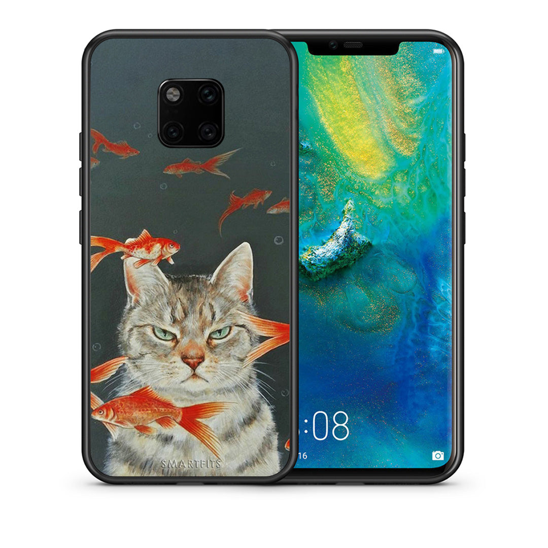 Θήκη Huawei Mate 20 Pro Cat Goldfish από τη Smartfits με σχέδιο στο πίσω μέρος και μαύρο περίβλημα | Huawei Mate 20 Pro Cat Goldfish case with colorful back and black bezels