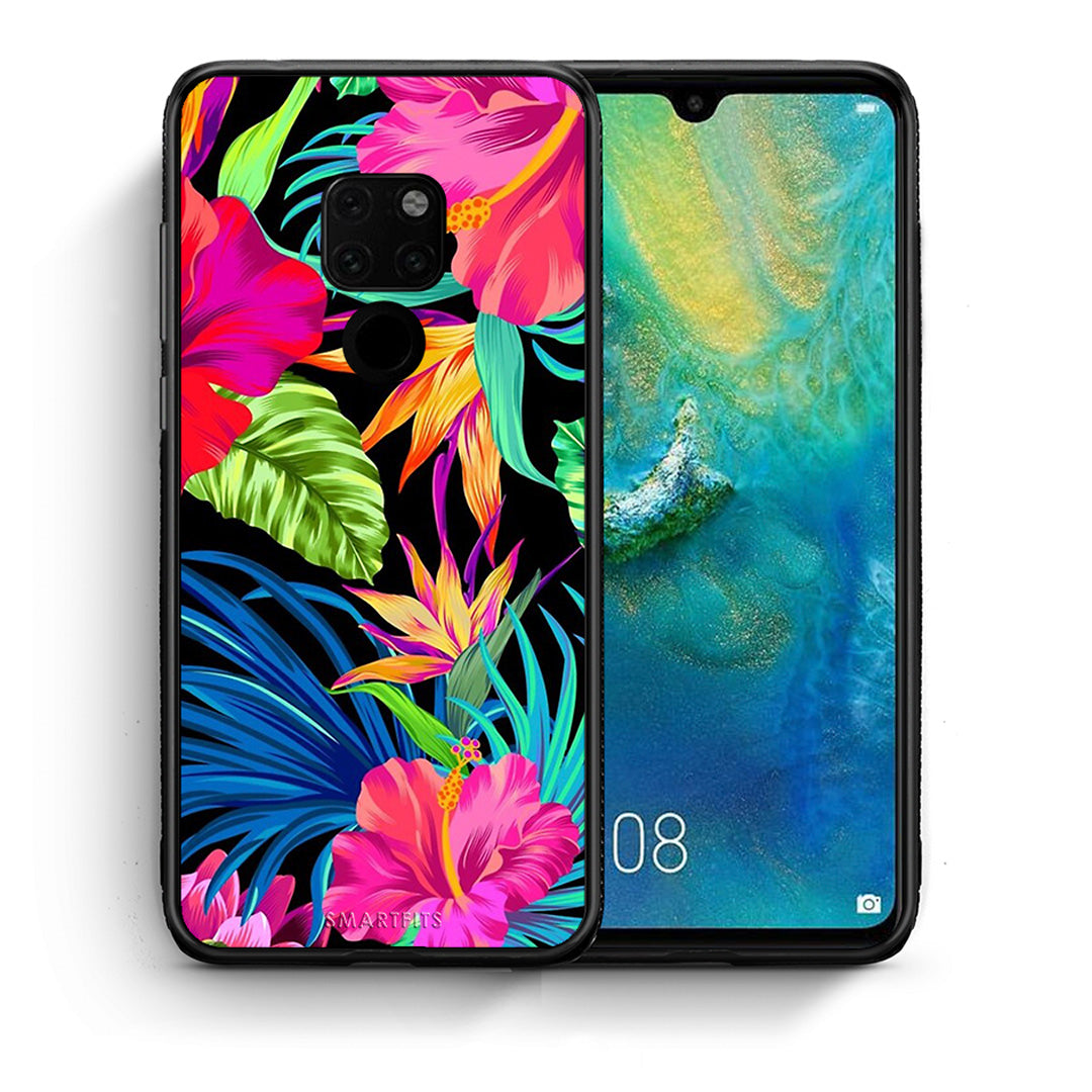 Θήκη Huawei Mate 20 Tropical Flowers από τη Smartfits με σχέδιο στο πίσω μέρος και μαύρο περίβλημα | Huawei Mate 20 Tropical Flowers case with colorful back and black bezels