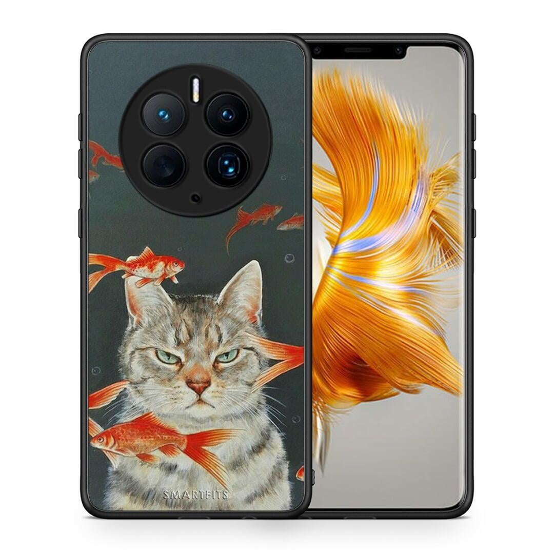 Θήκη Huawei Mate 50 Pro Cat Goldfish από τη Smartfits με σχέδιο στο πίσω μέρος και μαύρο περίβλημα | Huawei Mate 50 Pro Cat Goldfish Case with Colorful Back and Black Bezels