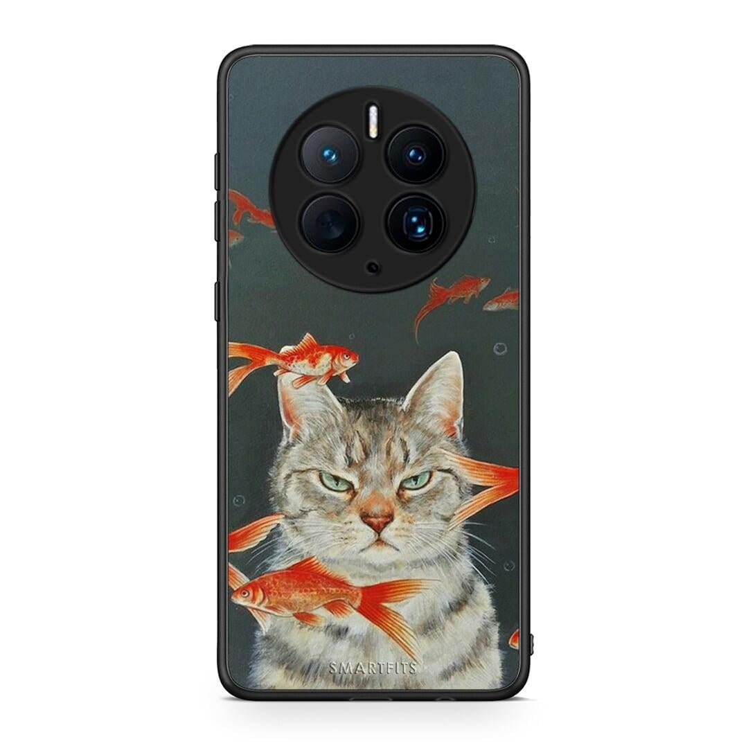 Θήκη Huawei Mate 50 Pro Cat Goldfish από τη Smartfits με σχέδιο στο πίσω μέρος και μαύρο περίβλημα | Huawei Mate 50 Pro Cat Goldfish Case with Colorful Back and Black Bezels