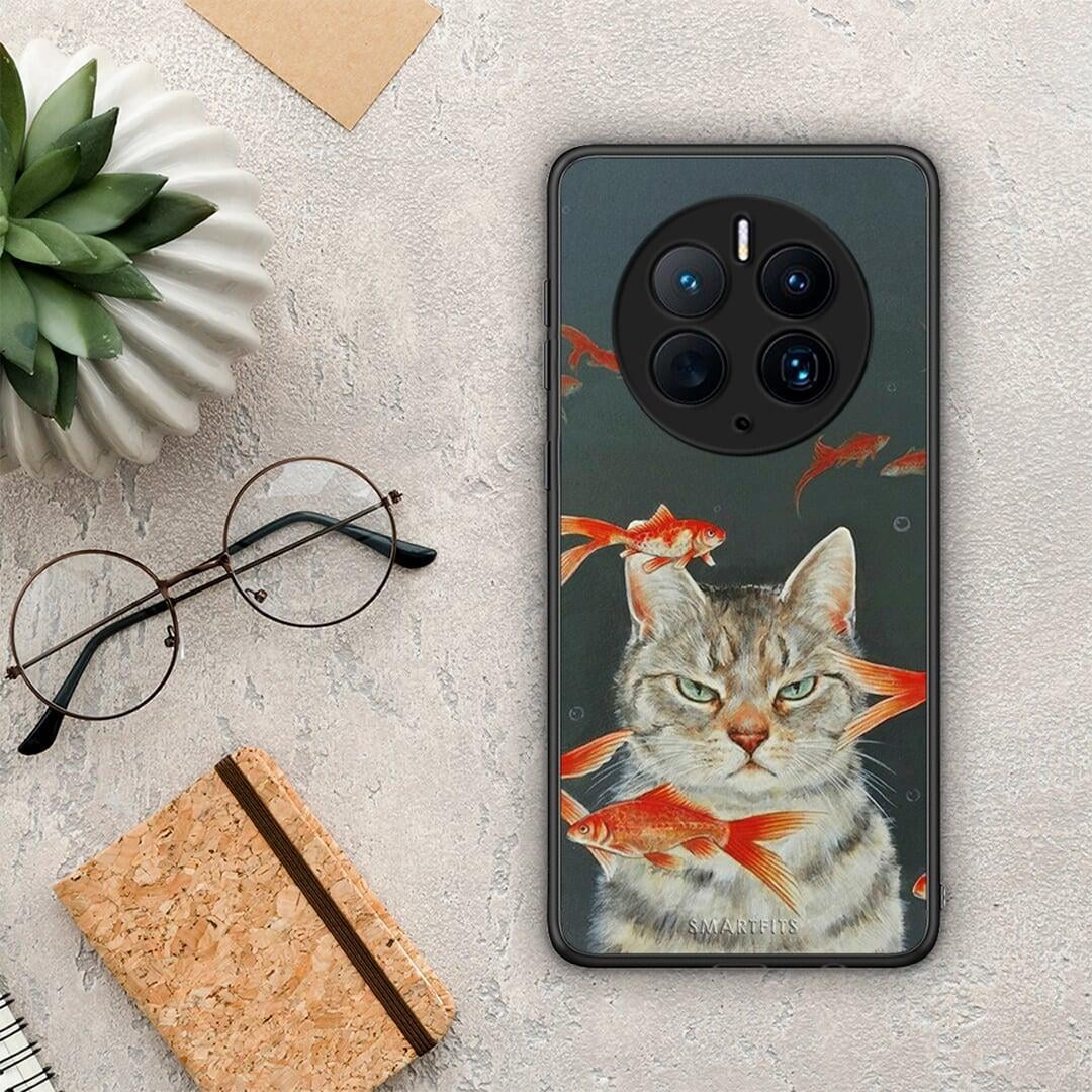 Θήκη Huawei Mate 50 Pro Cat Goldfish από τη Smartfits με σχέδιο στο πίσω μέρος και μαύρο περίβλημα | Huawei Mate 50 Pro Cat Goldfish Case with Colorful Back and Black Bezels