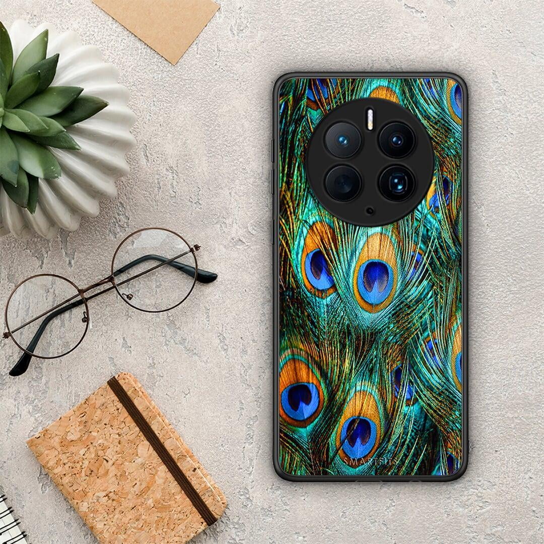 Θήκη Huawei Mate 50 Pro Real Peacock Feathers από τη Smartfits με σχέδιο στο πίσω μέρος και μαύρο περίβλημα | Huawei Mate 50 Pro Real Peacock Feathers Case with Colorful Back and Black Bezels