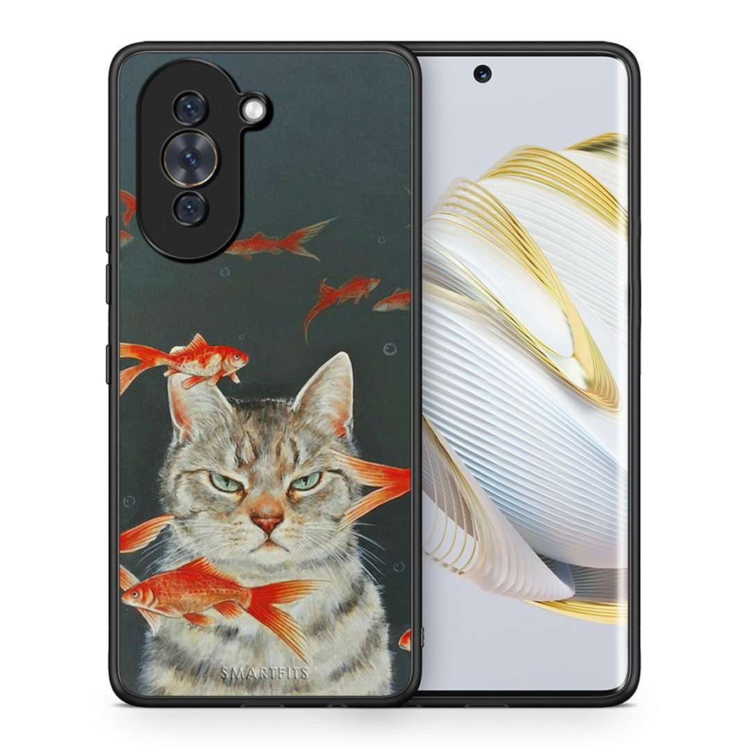 Θήκη Huawei Nova 10 Cat Goldfish από τη Smartfits με σχέδιο στο πίσω μέρος και μαύρο περίβλημα | Huawei Nova 10 Cat Goldfish case with colorful back and black bezels