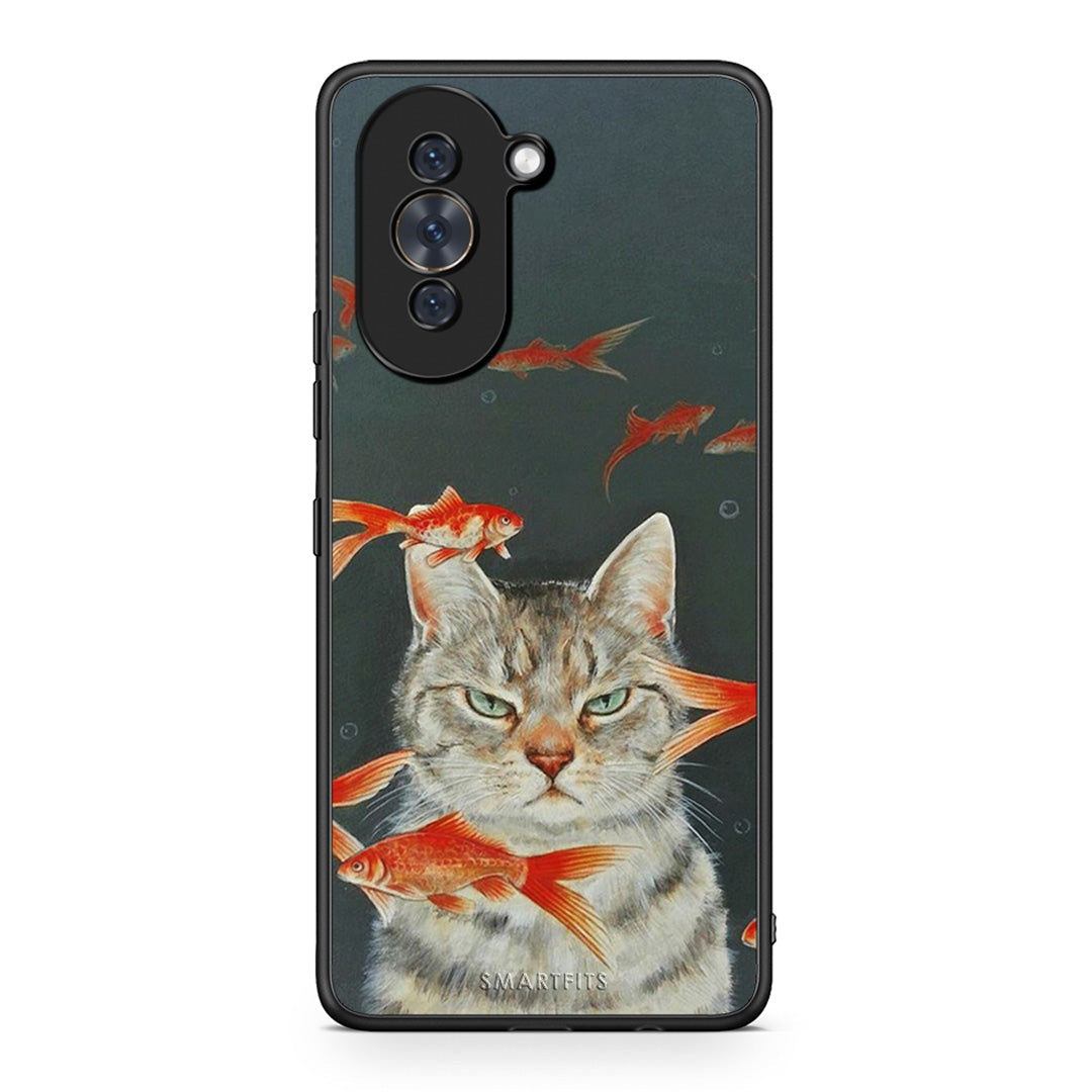 Huawei Nova 10 Cat Goldfish θήκη από τη Smartfits με σχέδιο στο πίσω μέρος και μαύρο περίβλημα | Smartphone case with colorful back and black bezels by Smartfits