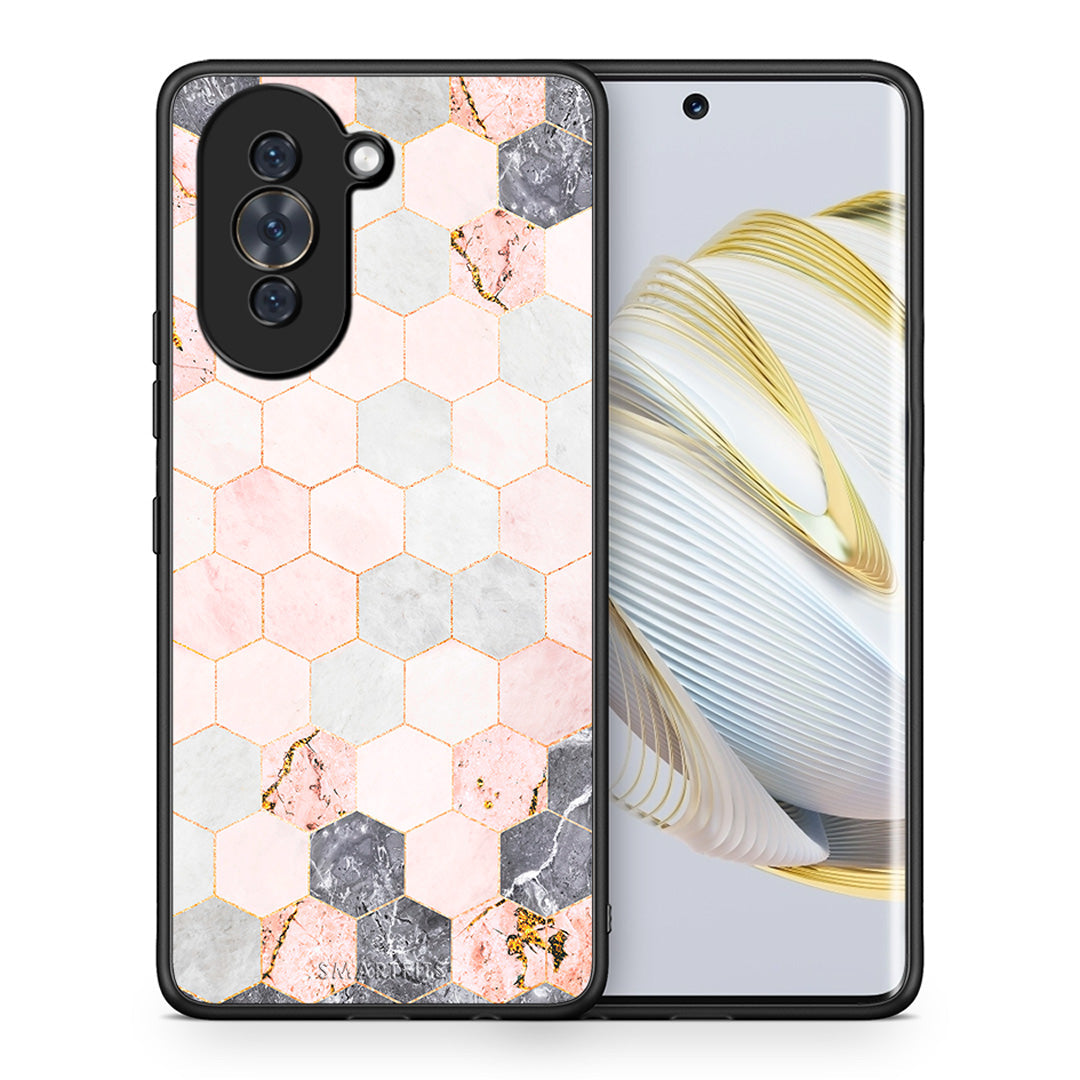 Θήκη Huawei Nova 10 Hexagon Pink Marble από τη Smartfits με σχέδιο στο πίσω μέρος και μαύρο περίβλημα | Huawei Nova 10 Hexagon Pink Marble case with colorful back and black bezels