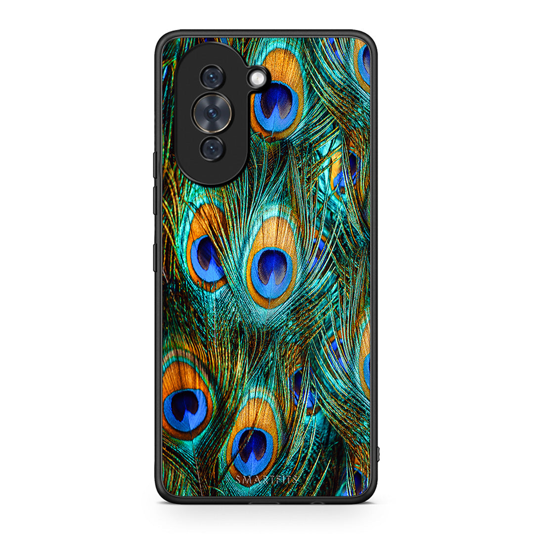 Huawei Nova 10 Real Peacock Feathers θήκη από τη Smartfits με σχέδιο στο πίσω μέρος και μαύρο περίβλημα | Smartphone case with colorful back and black bezels by Smartfits