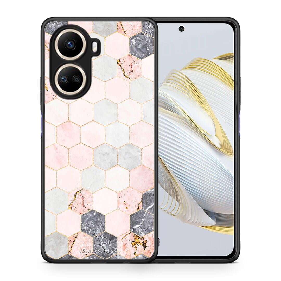 Θήκη Huawei Nova 10 SE Marble Hexagon Pink από τη Smartfits με σχέδιο στο πίσω μέρος και μαύρο περίβλημα | Huawei Nova 10 SE Marble Hexagon Pink Case with Colorful Back and Black Bezels