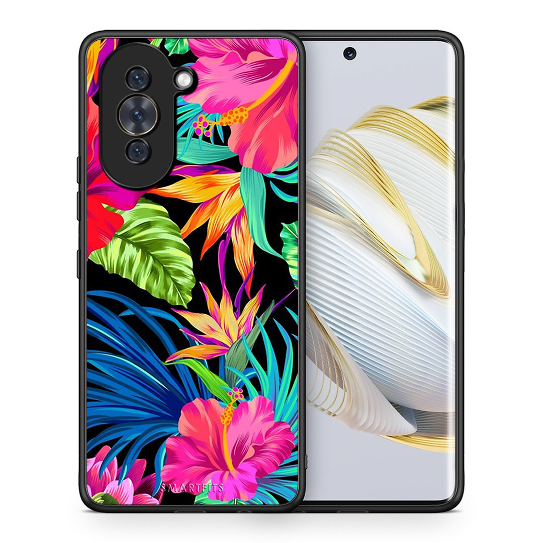 Θήκη Huawei Nova 10 Tropical Flowers από τη Smartfits με σχέδιο στο πίσω μέρος και μαύρο περίβλημα | Huawei Nova 10 Tropical Flowers case with colorful back and black bezels