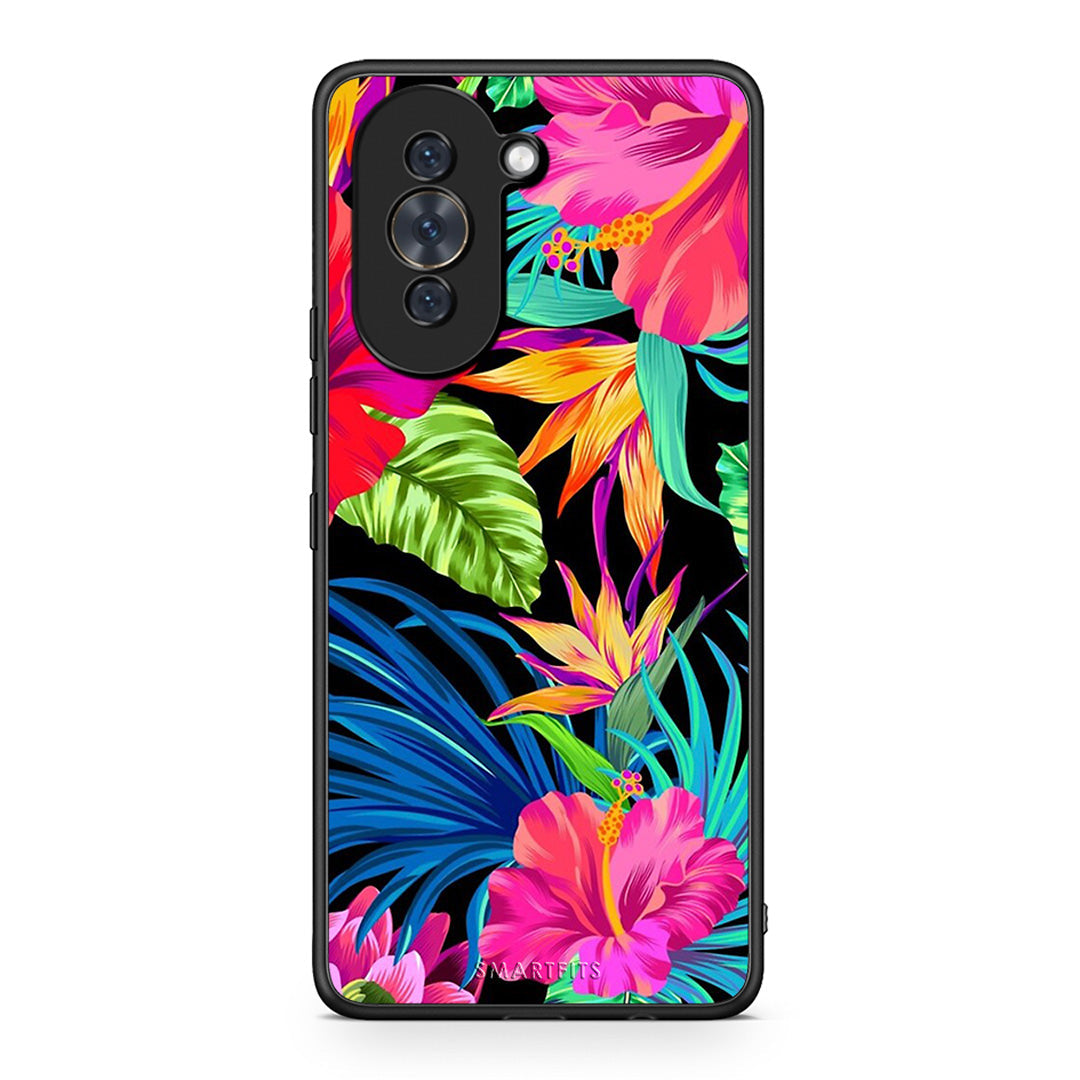 Huawei Nova 10 Tropical Flowers θήκη από τη Smartfits με σχέδιο στο πίσω μέρος και μαύρο περίβλημα | Smartphone case with colorful back and black bezels by Smartfits