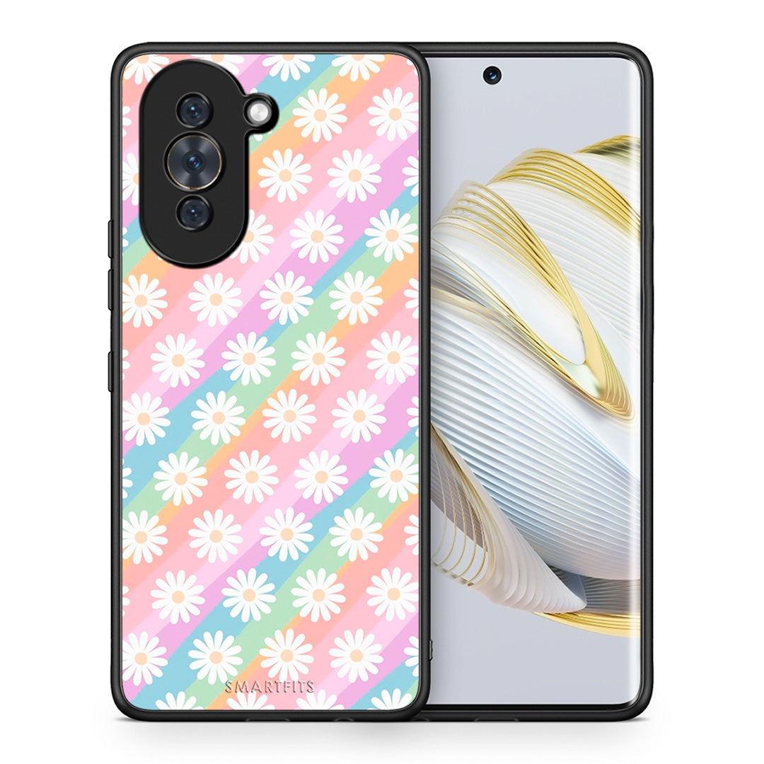 Θήκη Huawei Nova 10 White Daisies από τη Smartfits με σχέδιο στο πίσω μέρος και μαύρο περίβλημα | Huawei Nova 10 White Daisies case with colorful back and black bezels