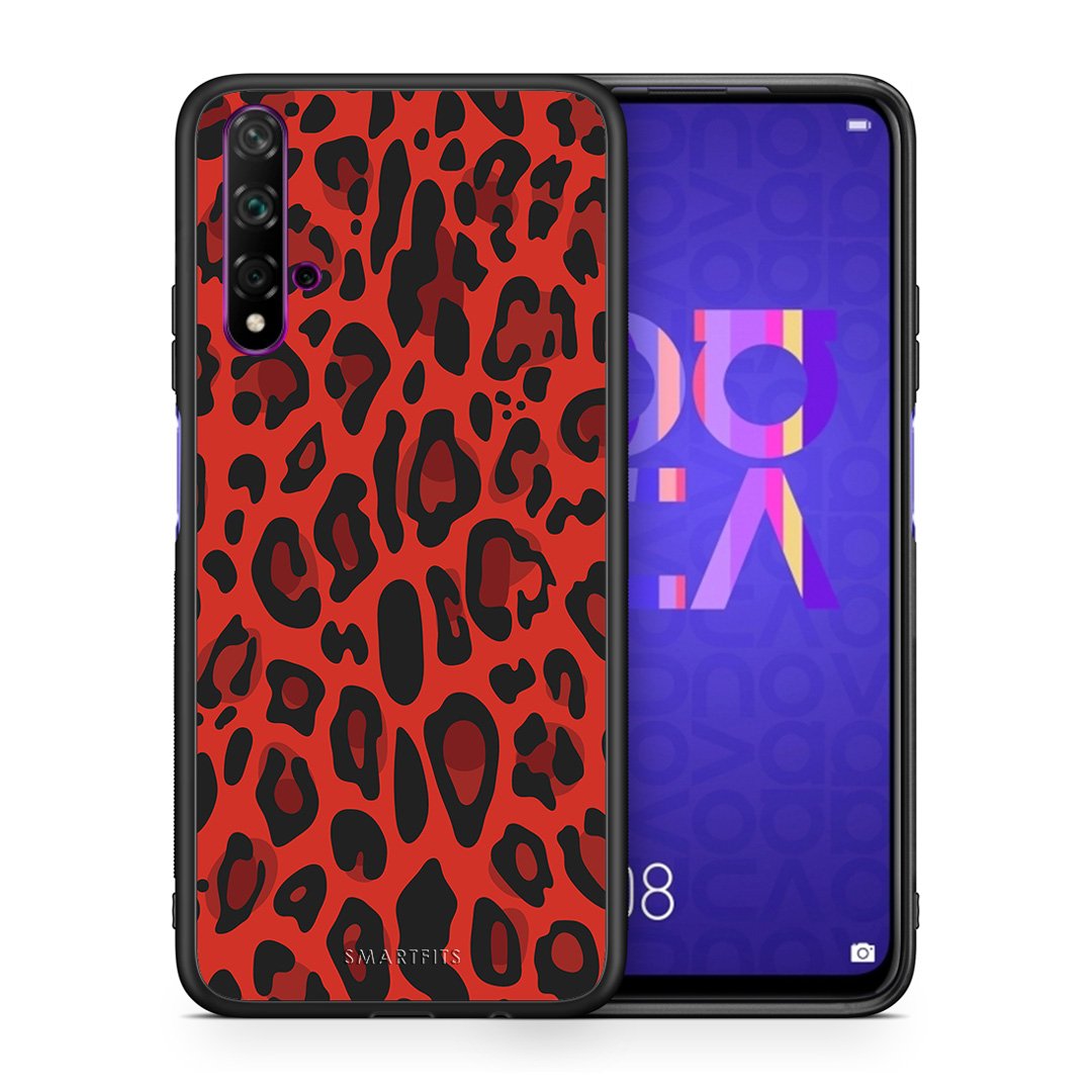 Θήκη Huawei Nova 5T/Honor 20 Red Leopard Animal από τη Smartfits με σχέδιο στο πίσω μέρος και μαύρο περίβλημα | Huawei Nova 5T/Honor 20 Red Leopard Animal case with colorful back and black bezels