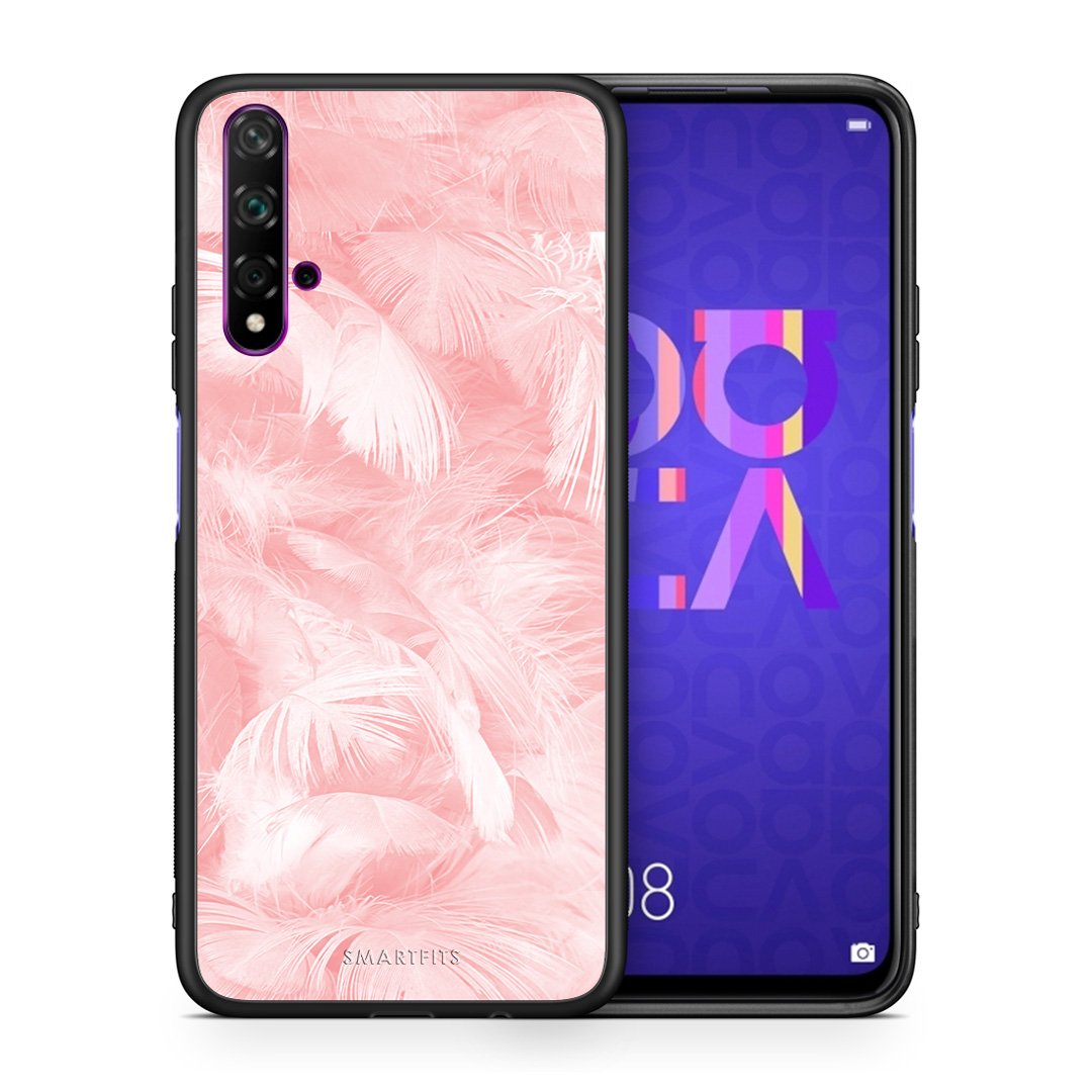 Θήκη Huawei Nova 5T/Honor 20 Pink Feather Boho από τη Smartfits με σχέδιο στο πίσω μέρος και μαύρο περίβλημα | Huawei Nova 5T/Honor 20 Pink Feather Boho case with colorful back and black bezels