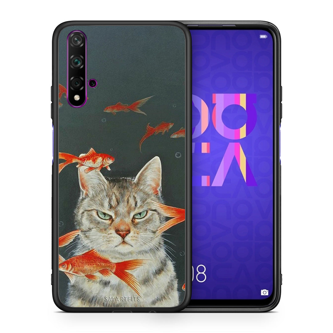 Θήκη Huawei Nova 5T/Honor 20 Cat Goldfish από τη Smartfits με σχέδιο στο πίσω μέρος και μαύρο περίβλημα | Huawei Nova 5T/Honor 20 Cat Goldfish case with colorful back and black bezels