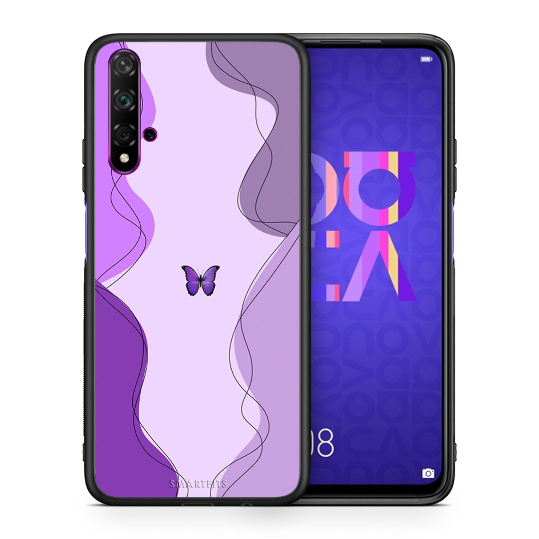 Θήκη Αγίου Βαλεντίνου Huawei Nova 5T / Honor 20 Purple Mariposa από τη Smartfits με σχέδιο στο πίσω μέρος και μαύρο περίβλημα | Huawei Nova 5T / Honor 20 Purple Mariposa case with colorful back and black bezels